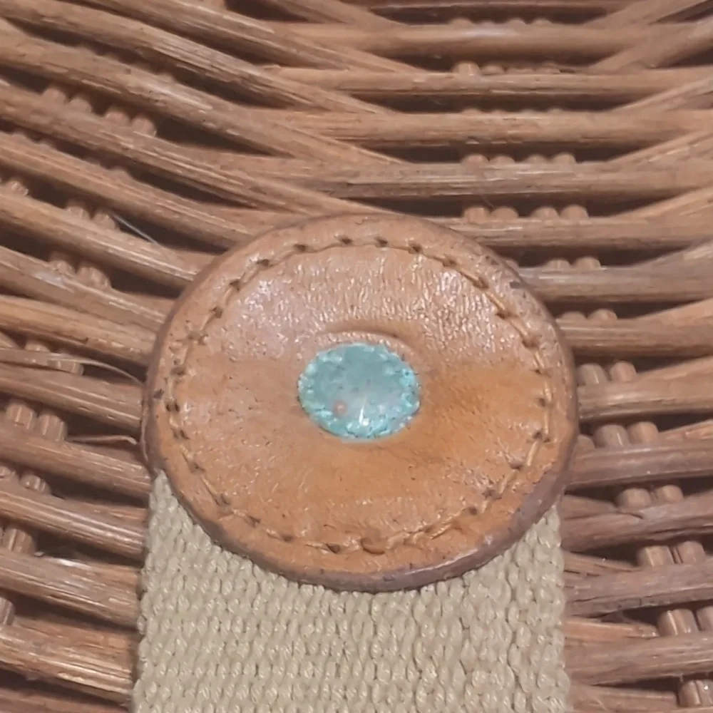 Vintage Round Woven Wicker Basket  Attached Lid Turn Key Closure